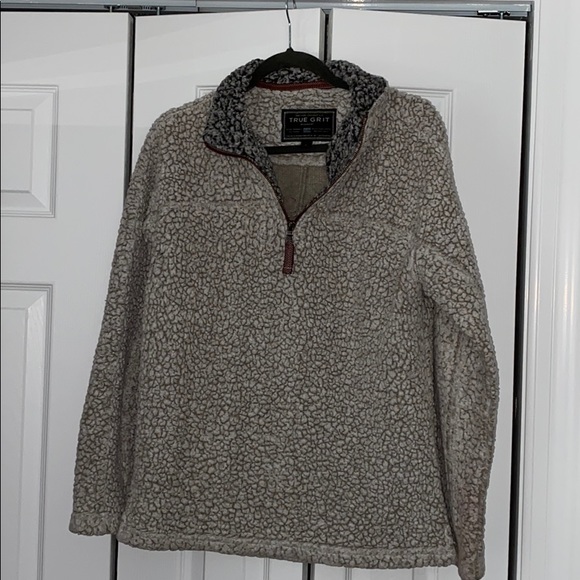 True Grit Grey/Cream Fuzzy Pullover 1/4 Zip - Picture 2 of 6